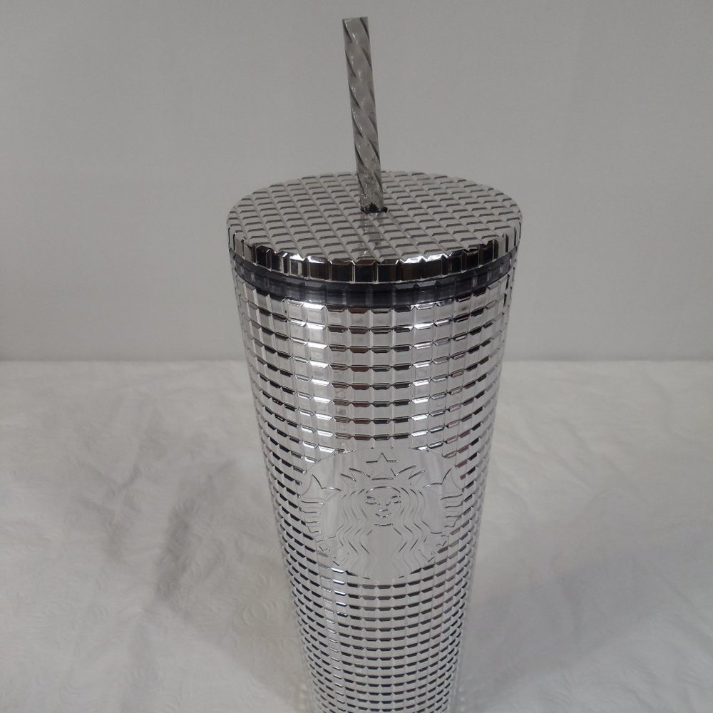 Starbucks silver studded metallic 24oz cup tumbler disco ball coffee staw NWT